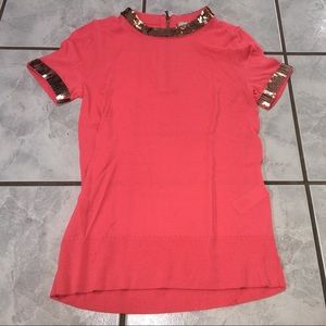 Kate Spade Coral Sequin Short Sleeve Sweater M